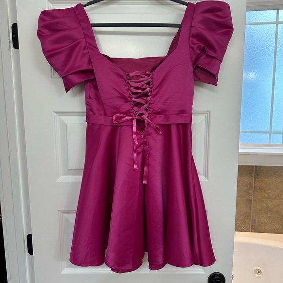 SHEIN Fuchsia Puff-Sleeve Satin Party Dress - Picture 2 of 3